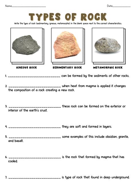 different types of rock worksheet